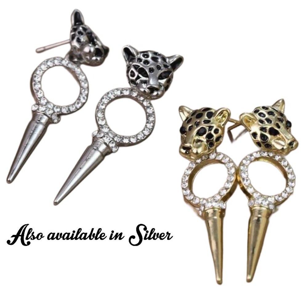 Gold-tone & Cubic Zirconia Leopard Head Drop Earrings - Picture 4 of 4
